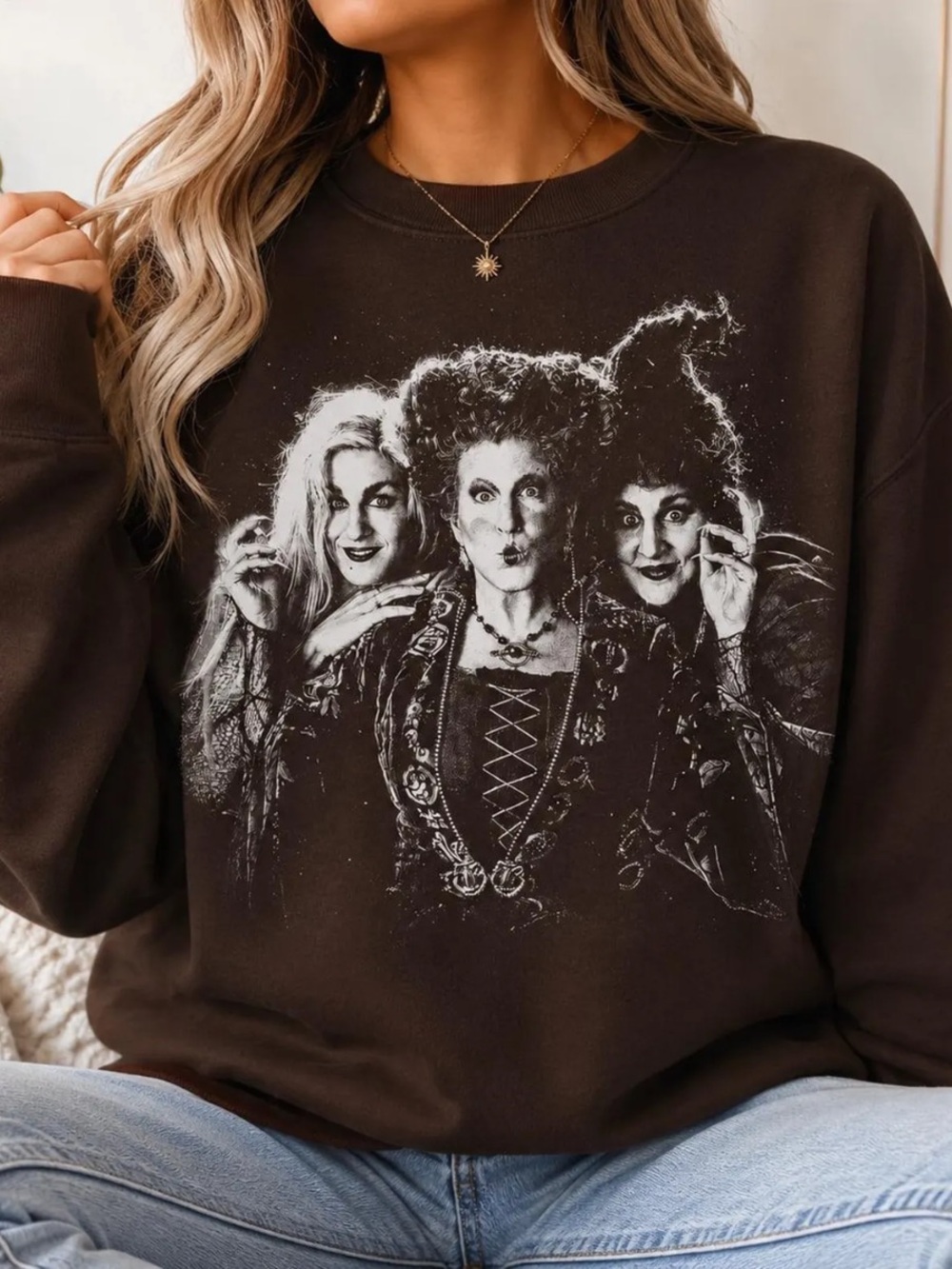 Dark Chocolate Women’s Pullover Sweatshirt with White Witch Trio Graphic